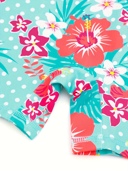 Girls Kids One-Piece Long Sleeve Floral Print Green Color Beach Boyleg Shorts Swimsuit