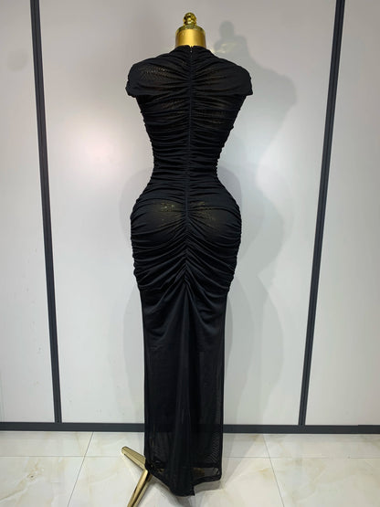 Sexy Sleeveless O-Neck Cut Out Bodycon Mesh Long Dress Celebrity Evening Party Club Dress