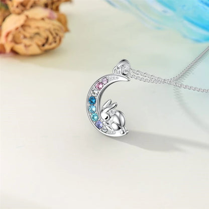 Creative Cute Pet Rabbit Colorful Crescent Bunny Pendant Necklace