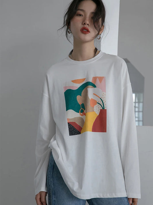 Women Vintage Printed Long Sleeve T-shirt Loose Cotton O-neck Tees Graphic Pullover Tops