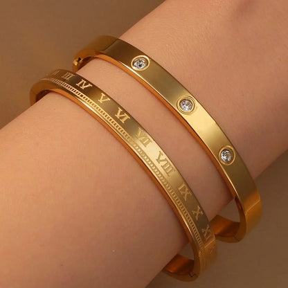 Women Roman Numeral 18k Gold Color Stainless Steel Zircon Bracelet Bangles