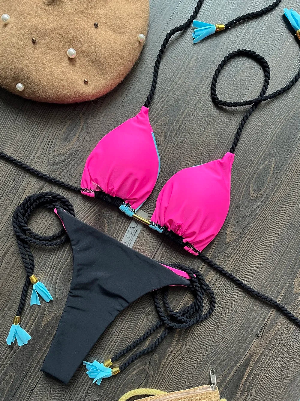 Sexy Solid Splicing Bikini Swimwear Swimsuit Braiding Rope Bandage Triangle Brazilian Bathing Suit