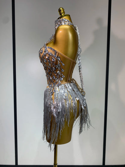 Sexy Shinning Rhinestone Tassels Two Pieces Nightclub Evening Party Birthday Clubbing Dress