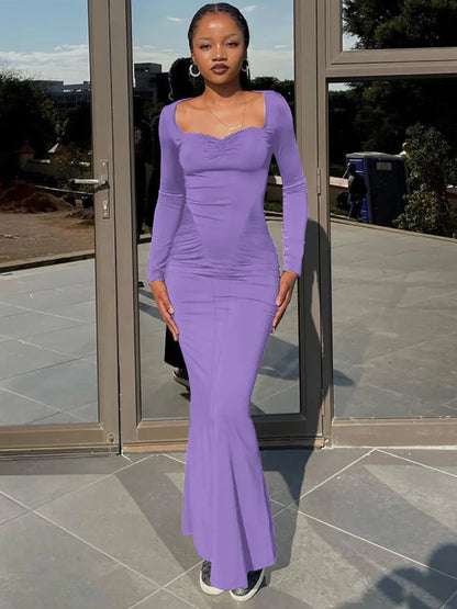 Women Square Collar Long Sleeve Long Gown Fashion Elegant Solid Bodycon Maxi Dress