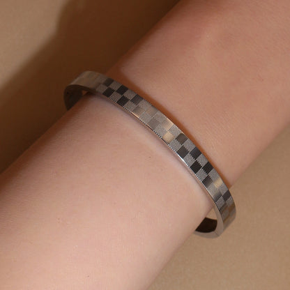 Luxury Polished Checkered Design Stainless Steel Crystal Wedding Party Bangle Bracelet