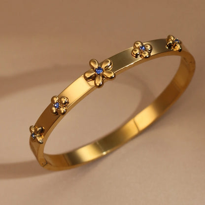 New Floral Blue Zircon Lentil Design 18K Gold Plated Stainless Steel Women's Bracelet Jewelry