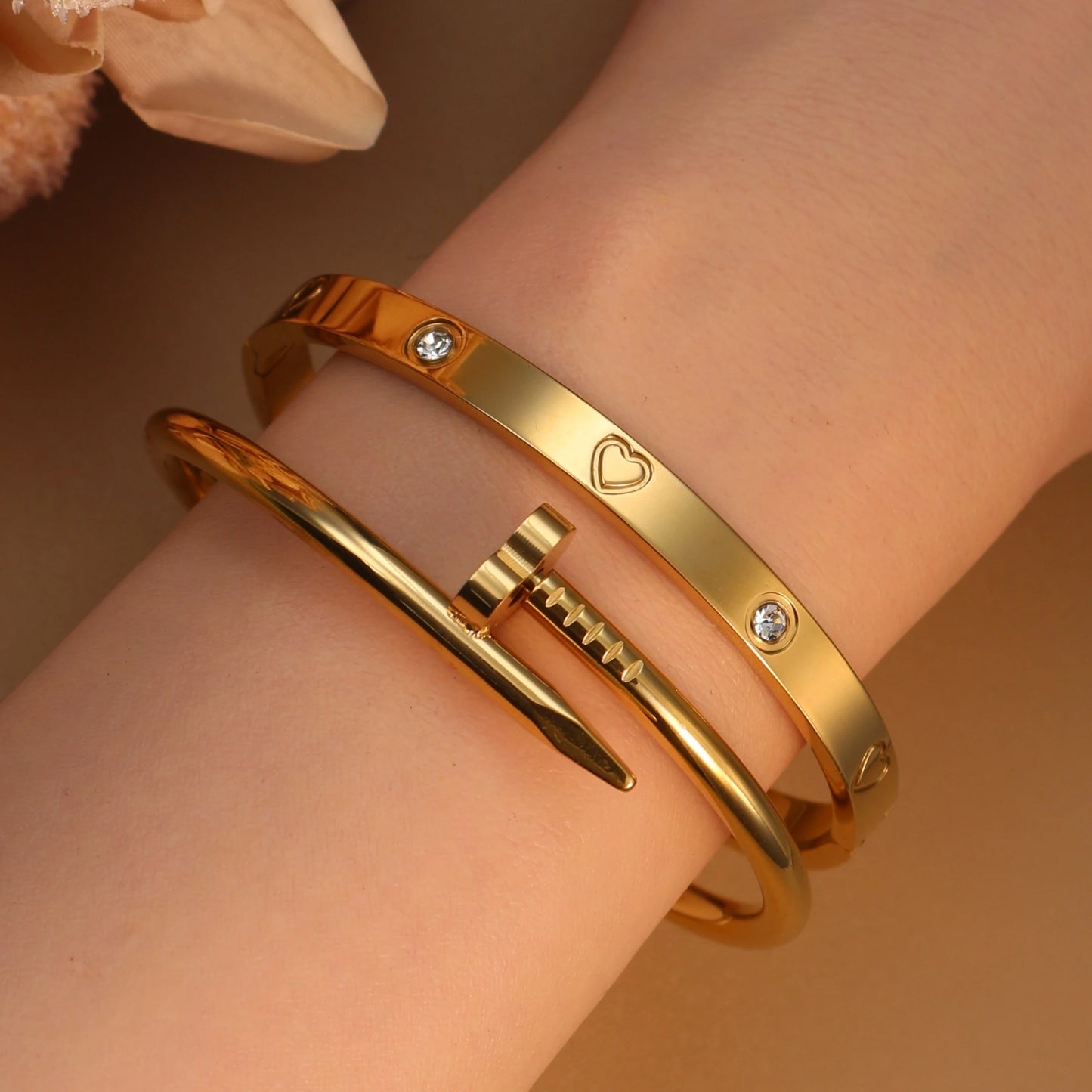 Women Heart Shaped Zircon Stainless Steel Gold Color 2-in-1 Bangles Bracelet Jewelry
