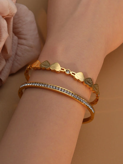 Delicate Stainless Steel Gold Color Peach Heart Crystal Design Charm Bangle Bracelet
