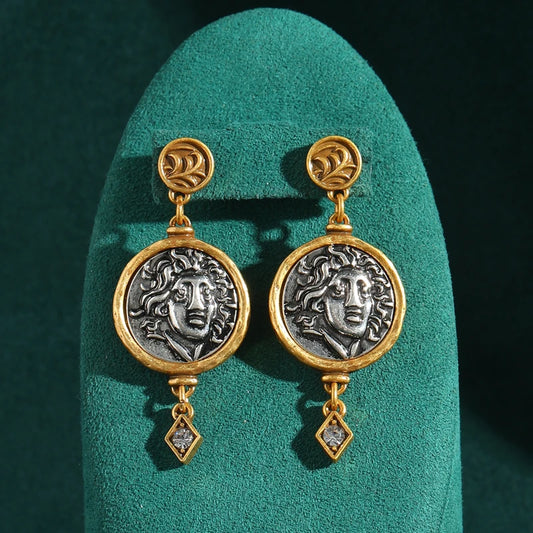 Vintage Women Gold Color Crystal Carving Head Coin Antique Drop Dangle Earrings