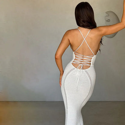 Women Hollow Out Backless Knit Spaghetti Strap Bandage Sleeveless Bodycon Party Long Dress