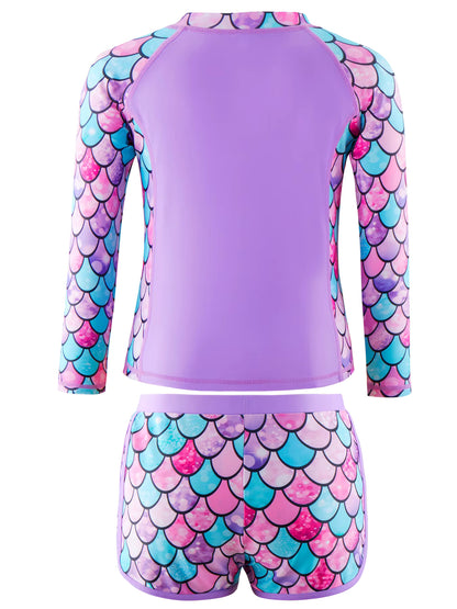 2pcs Kids Girls Long-Sleeved Scale Print Tops Boyleg Swim Shorts Swimwear Suit