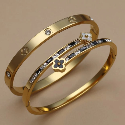 Stainless Steel Bangle Four-leaf Clover Crystal Design Stacking Bracelet Bangle