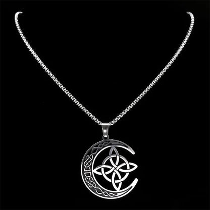 Crescent Celtic Irish Knot Stainless Steel Witch Moon Amulet Protection Chain Necklace