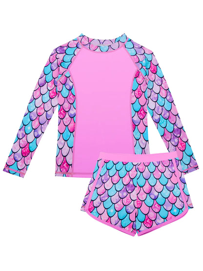 2pcs Kids Girls Long-Sleeved Scale Print Tops Boyleg Swim Shorts Swimwear Suit