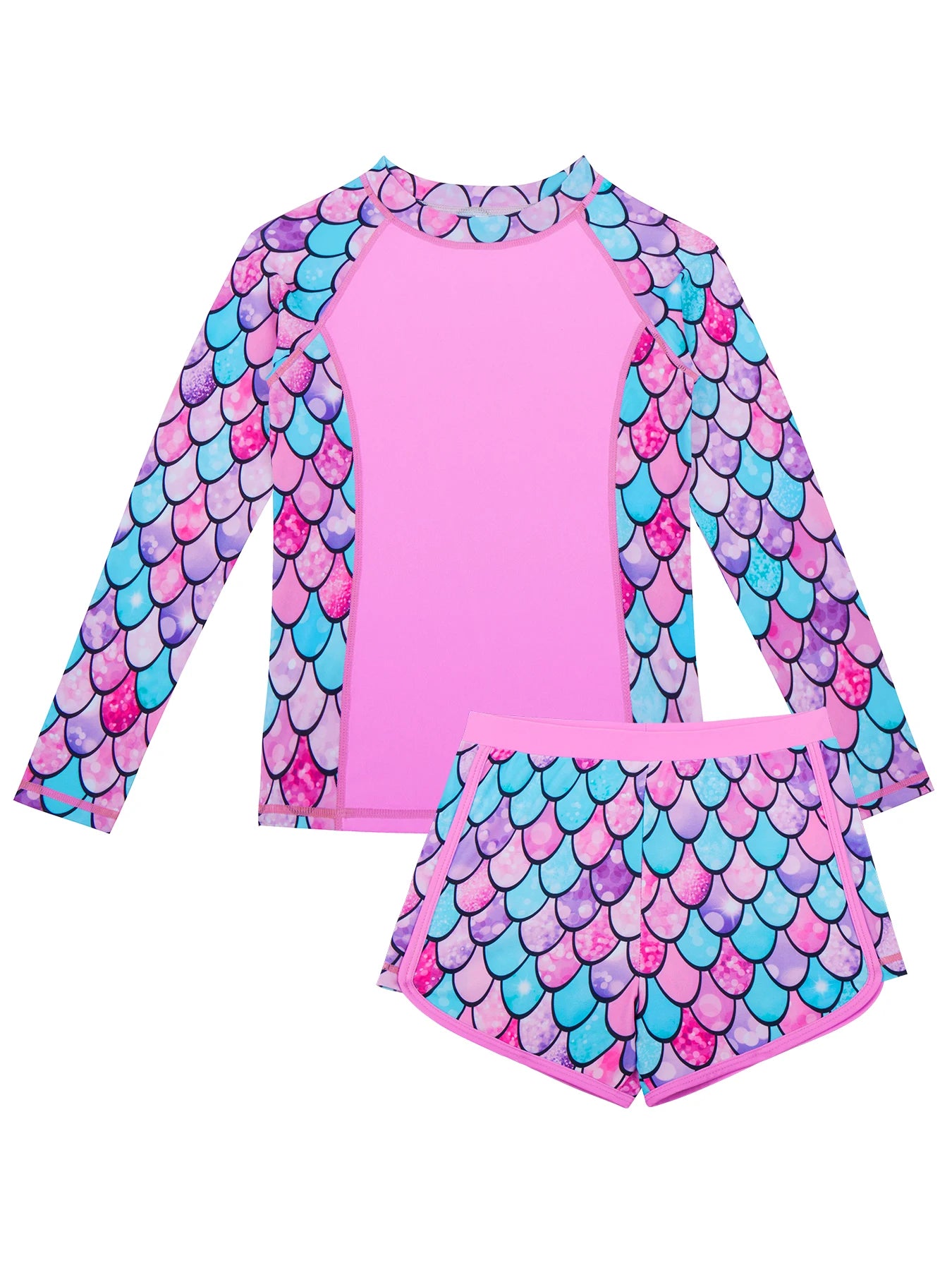 2pcs Kids Girls Long-Sleeved Scale Print Tops Boyleg Swim Shorts Swimwear Suit
