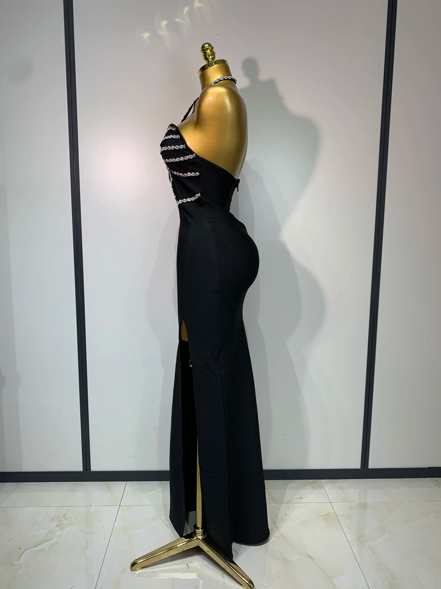 Sexy Halter Long Bandage Shiny Crystal Backless Evening Party Birthday Dress