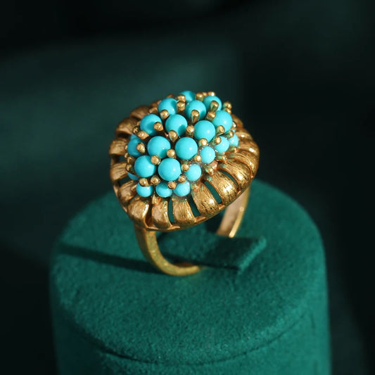 Victorian Retro 18K Gold Plated Adjustable Turquoise Cluster Banquet Ring