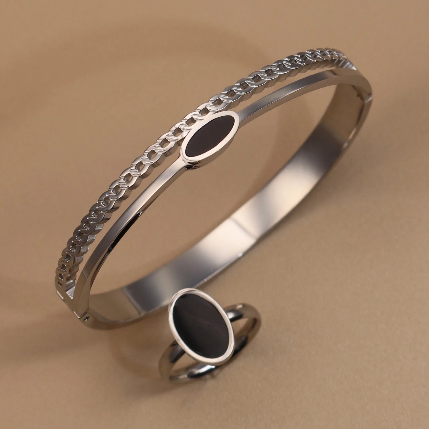 Luxury 2-In-1 Wedding Gold Black Acrylic Stainless Steel Ring Bangles Set