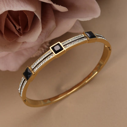 Stainless Steel Double Row Crystals Heart-Shaped Designs Open Clasp Charm Bangle Bracelet