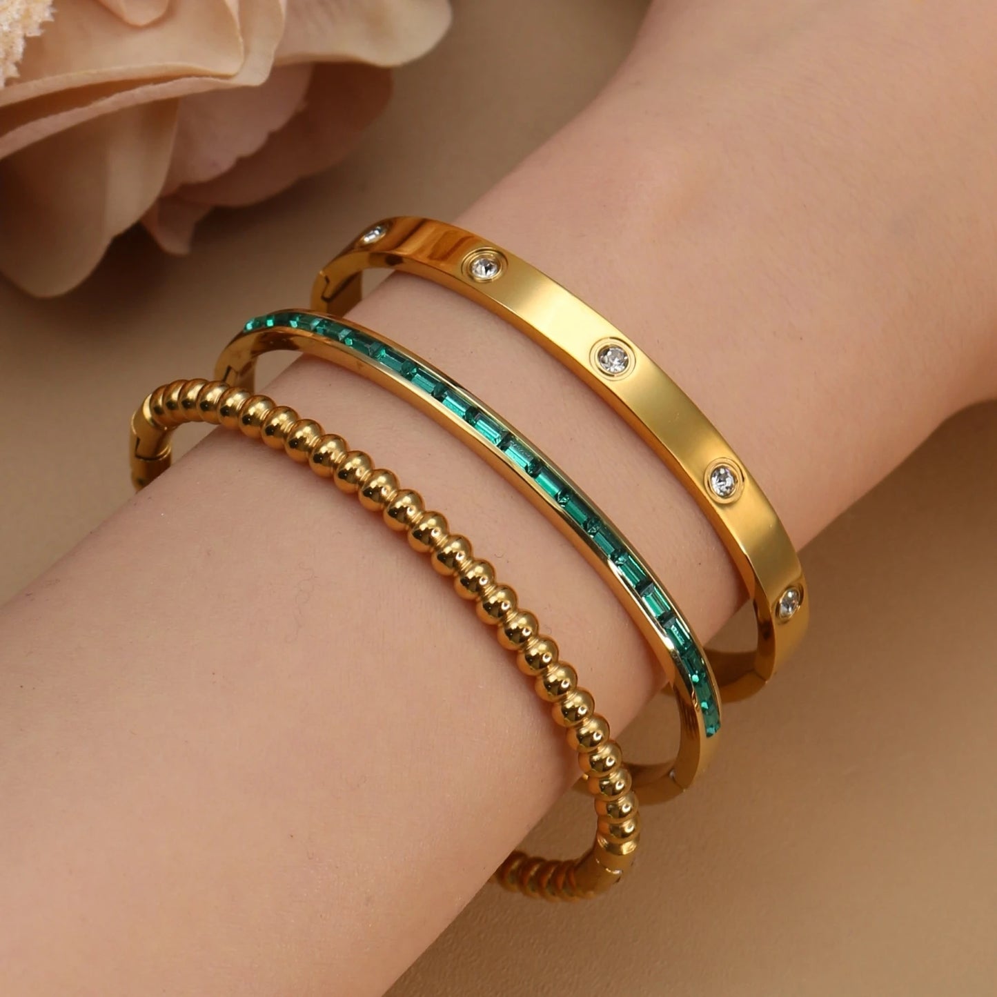 Women 18k Gold Plated Stainless Steel Green Zircon Bangles Bracelet Set Gift.