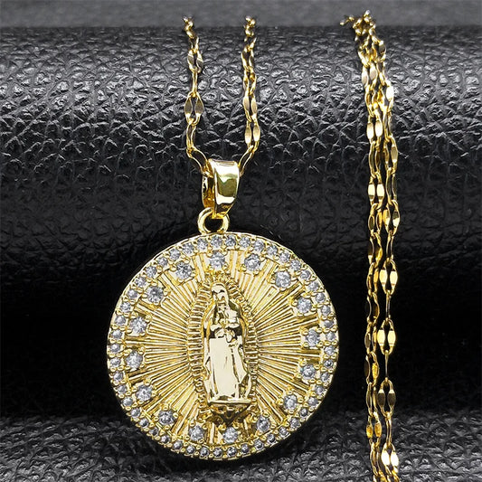 Luxury Virgin Mary Zircon Medal Women Men Stainless Steel Gold Color Pendant Necklace