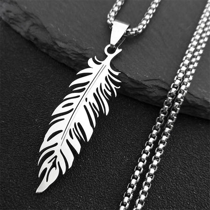Boho Leaf Feather Women Men Stainless Steel Silver Color Chain Pendant Necklace