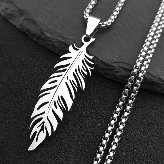 Boho Leaf Feather Women Men Stainless Steel Silver Color Chain Pendant Necklace