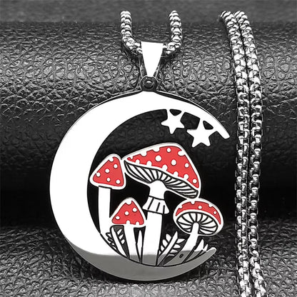 Witchcraft Moon Mushroom Pendant Necklace For Women Men Stainless Steel Silver Color Sun Trend Aesthetic Chain Jewelry Gifts