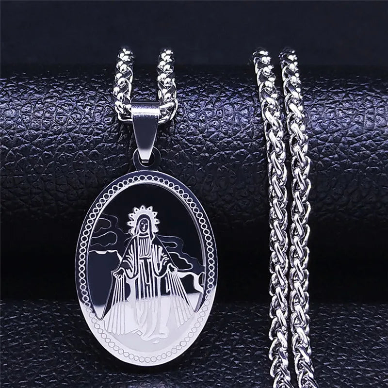 Men Stainless Steel Hip Hop Virgin Mary Medal Our Lady of Guadalupe Pendant Necklace