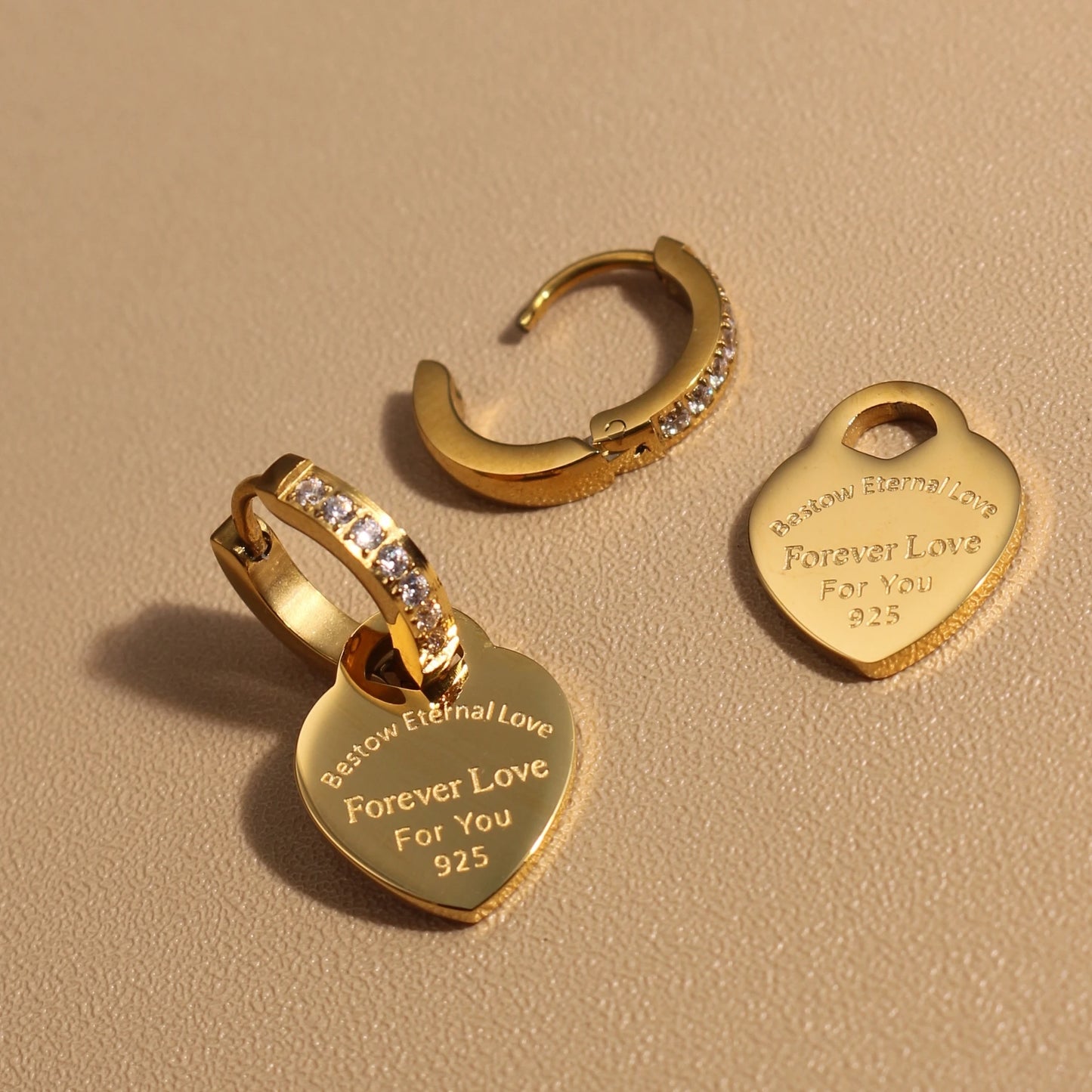 Women Heart Pendant Women Zircon Stainless Steel Gold Color Charm Earrings