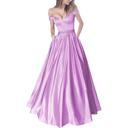 Women Off The Shoulder Beaded Satin V Neck Corset A Line Long Formal Prom Evening Party Gown Dress w/Pocket
