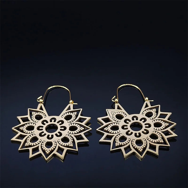 Women Yoga Lotus Flower Stainless Steel Gold Color Hoop Earrings
