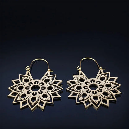 Women Yoga Lotus Flower Stainless Steel Gold Color Hoop Earrings