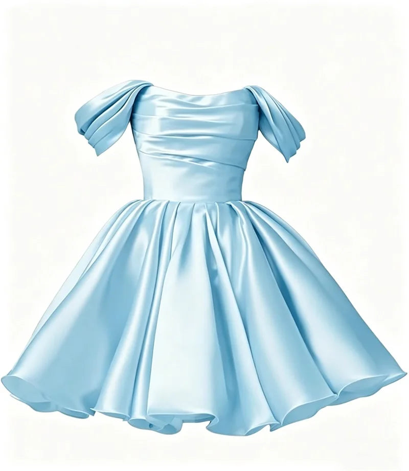 Women Off The Shoulder Satin Homecoming A Line Short Pleated Strapless Prom Evening Dress w/ Pockets
