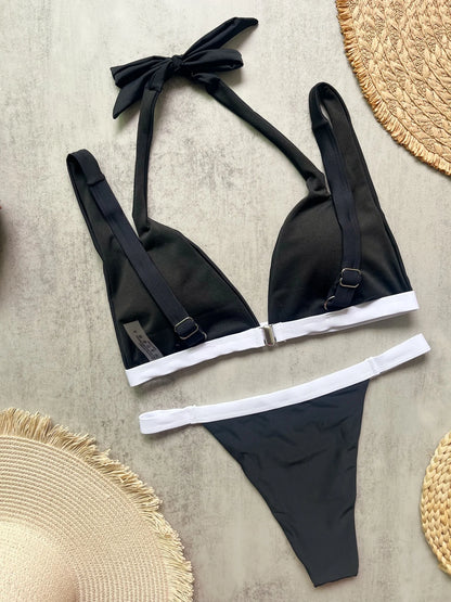 High Leg Cut Padded Splicing Halter Bikini Women Swimwear Swimsuit Two-pieces Bikini Suit