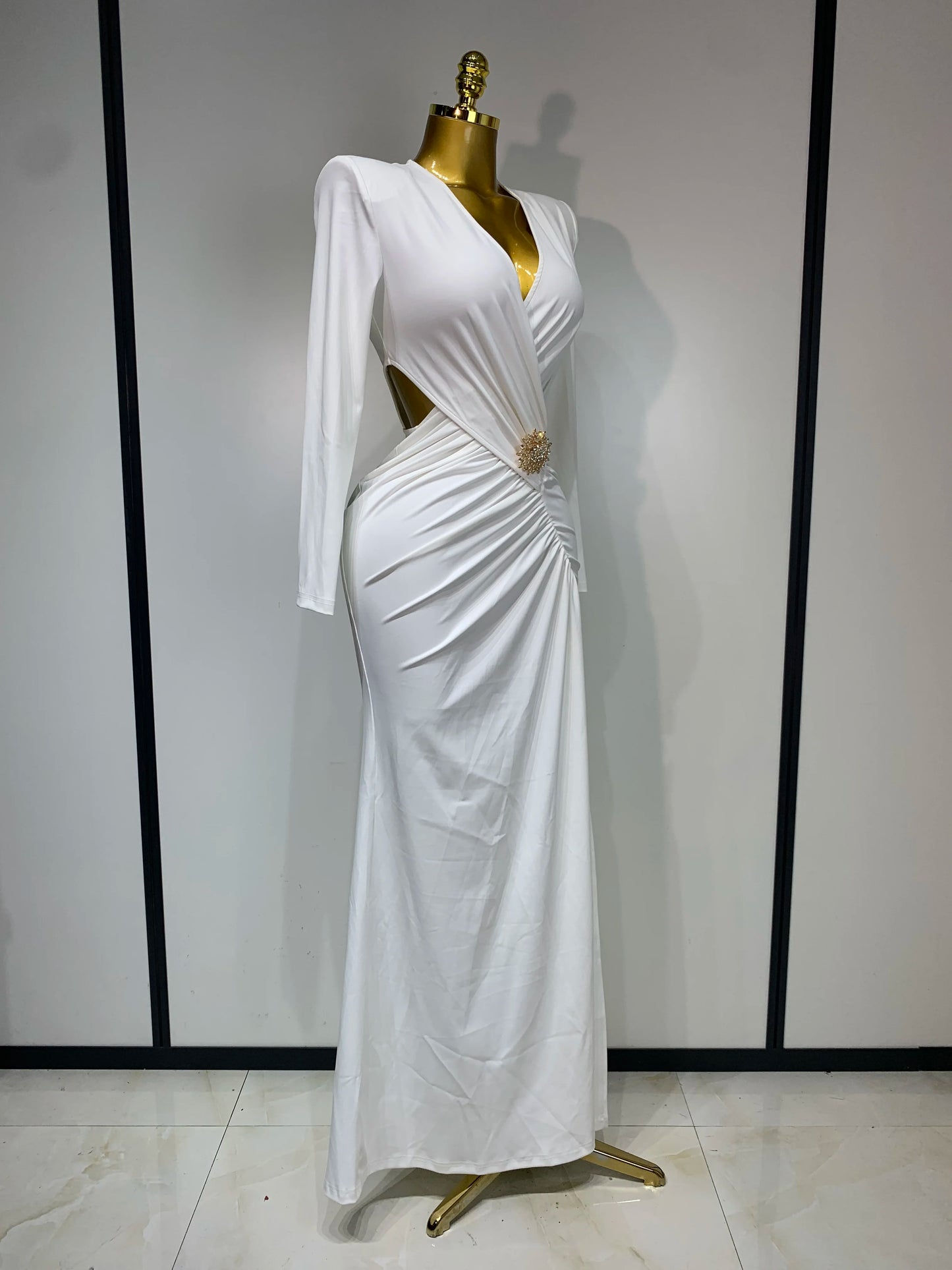 Sexy Long Sleeve V Neck Hollow Out Bodycon Cross Pleated High Split Maxi Club Party Evening Dress