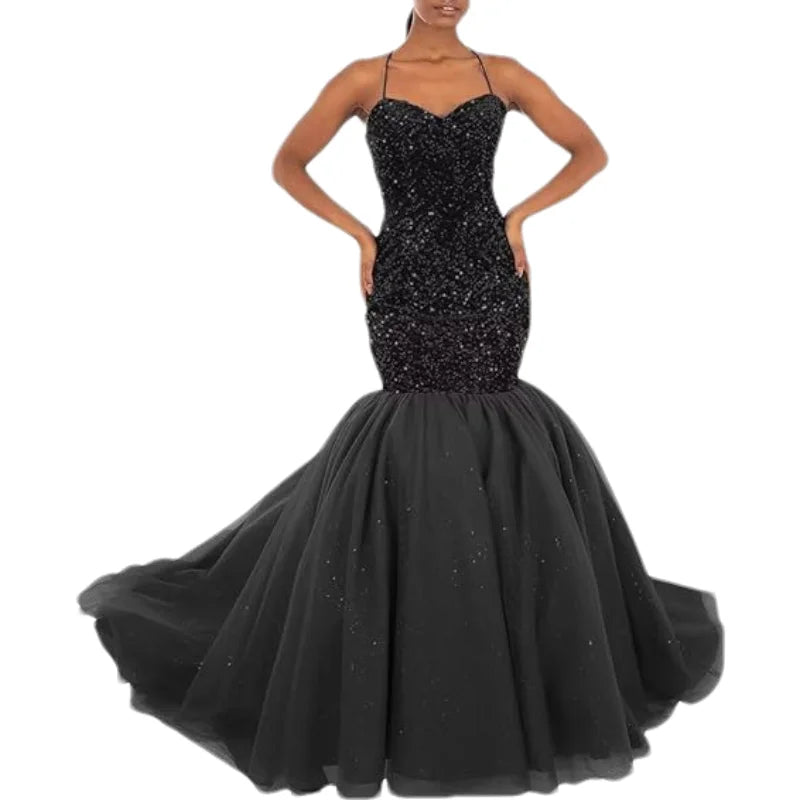 Sparkly Sequin Prom Women Long Tulle Halter Ball Gown Sleeveless Mermaid Formal Evening Party Dress