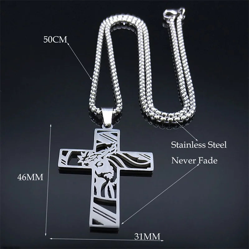 Men Stainless Steel Crucifix Jesus Christ God Cross Crown of Thorns Chain Necklace