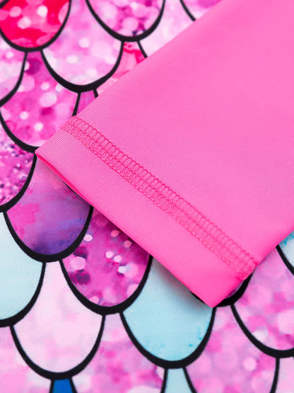 Kids Girls One-Piece Long Sleeve Scale Print Beach Rose Pink Bikini-Cut Bottom Swimwear