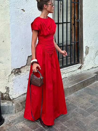 Women Red O-neck Pleated Maxi Fashion Short Sleeves High Waisted Evening Dress