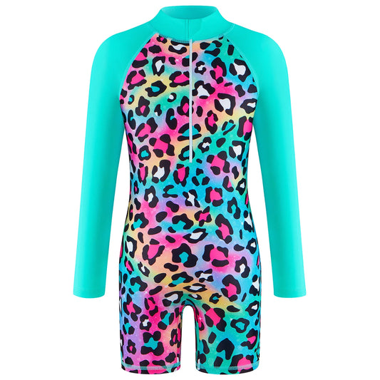 Kids Girls One-Piece Long Sleeve Leopard Pattern Print Rash Guard Boyleg Shorts Swimwear