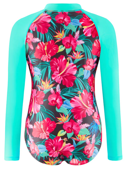 Girls Kids One Piece Long Sleeve Floral Print Bikini Cut Bottom Swimwear Beach Swim