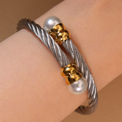 Women Fashionable Double Heart Stainless Steel Pearl Adjustable Bracelet Bangle
