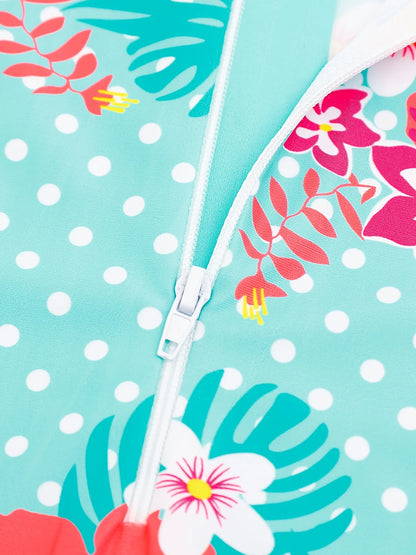 Girls Kids One-Piece Long Sleeve Floral Print Green Color Beach Boyleg Shorts Swimsuit