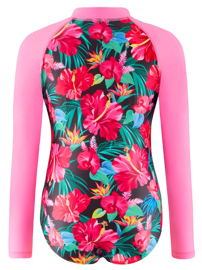 Girls Kids One Piece Long Sleeve Floral Print Bikini Cut Bottom Swimwear Beach Swim