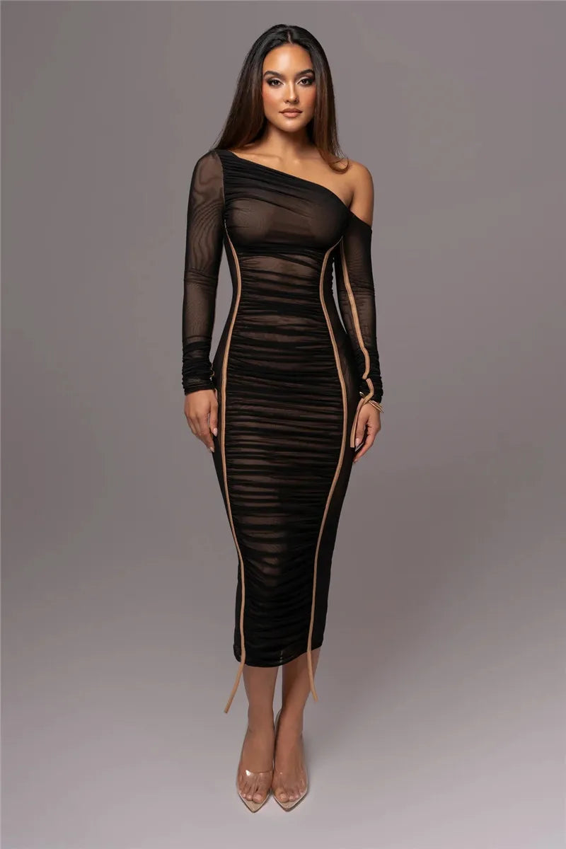 Sexy Diagonal Collar Long Sleeve Midi Two Layer Mesh Backless Ruched Bodycon Club Party Maxi Dress