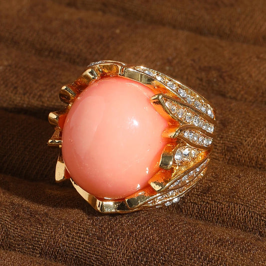 Vintage Hibiscus Stone Pink Angel Wings Gold Color cz Rhinestone Women Ring