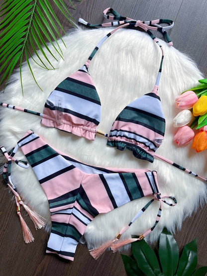 Sexy print bikini swimsuit split straps tassels 2-piece summer beach swimsuit Suit