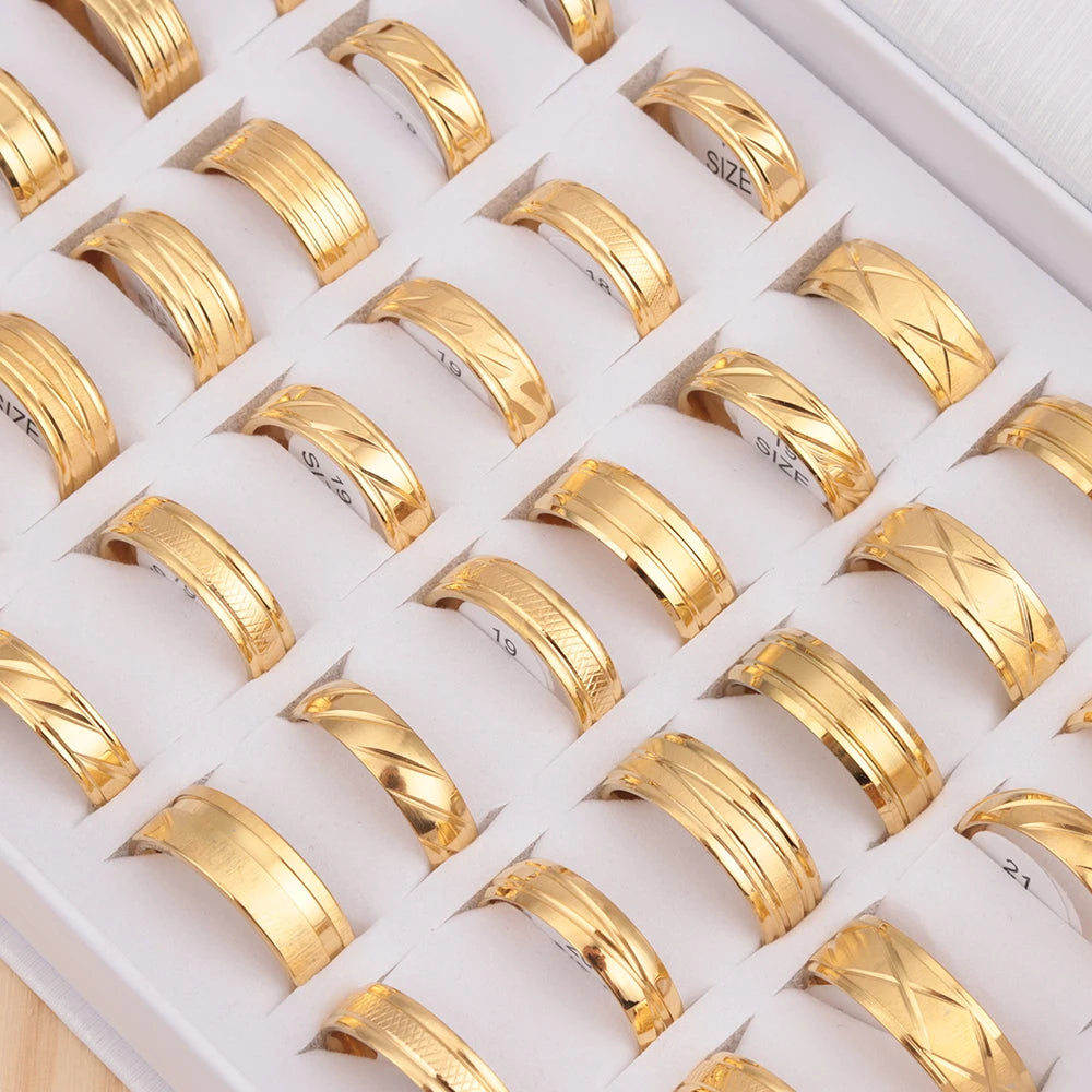 24pcs/lot Fashion Stainless Steel Stripe Gold Color Men Mix Stylish Rings