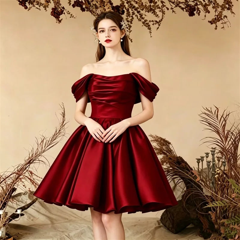 Women Off The Shoulder Satin Homecoming A Line Short Pleated Strapless Prom Evening Dress w/ Pockets